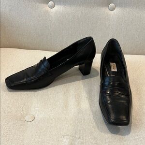 Black Leather heels with Square Toe Design